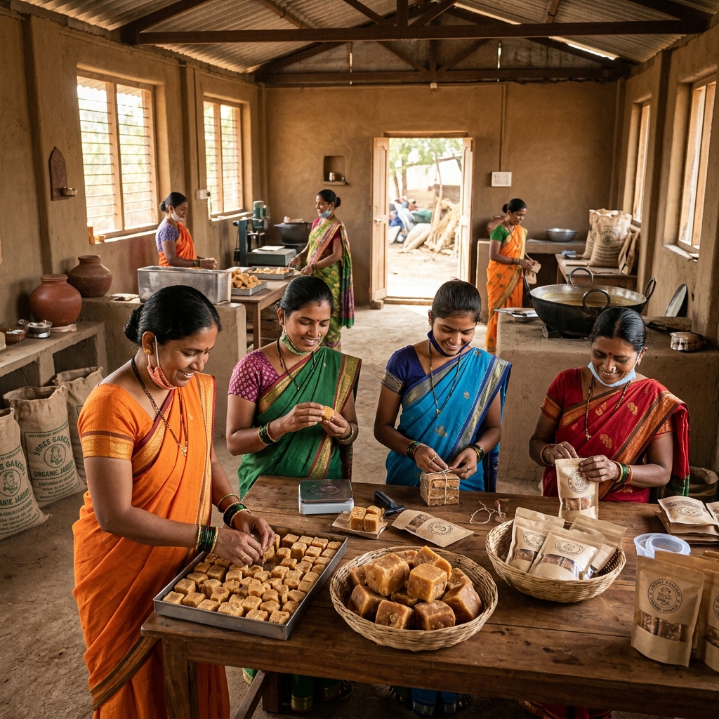 Women SHG processing jaggery